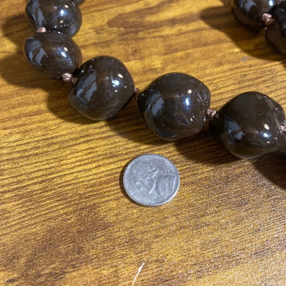 Vintage Hawaiian Kukui Nut Lei Necklace Polished Dark Brown Ribbon Tie 32in